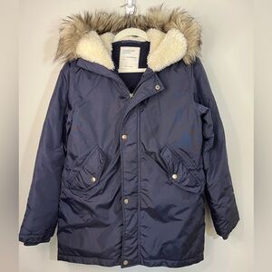 Crewcuts Navy Blue Winter Parka Coat Jacket, Faux Fur Hood, Fleece Girls Size 14